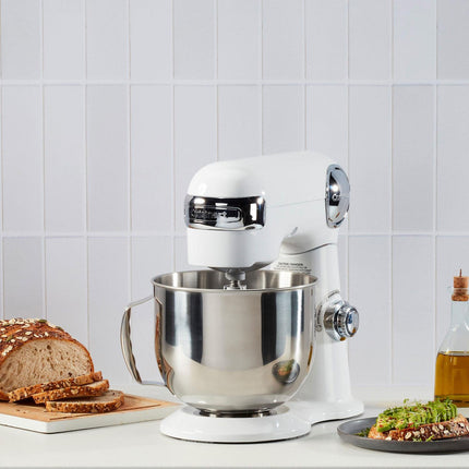 Cuisinart Stand Mixer 12 Speed 5.5 Quart Stainless Steel Bowl Chefs Whisk Mixing Paddle Dough Hook Splash Guard w/Pour Spout SM-50FR WHITE Certified Refurbished