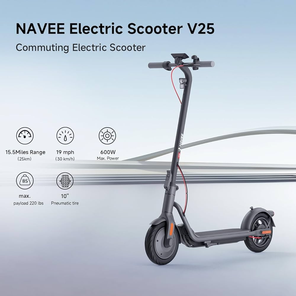 NAVEE V25 Pro Electric Scooter w/15.5 mi Max Operating Range & 18.6 mph Max Speed - Certified Refurbished