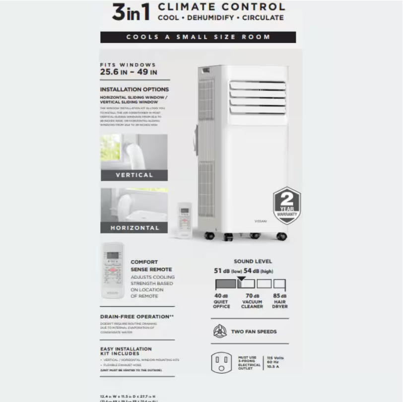 5,000 BTU (DOE) 115-Volt Portable Air Conditioner Unit Cools up to 150 sq. ft. with Dehumidifier and Remote in White  (Renewed)